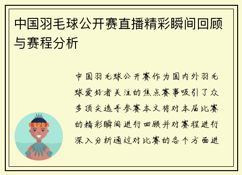 中国羽毛球公开赛直播精彩瞬间回顾与赛程分析